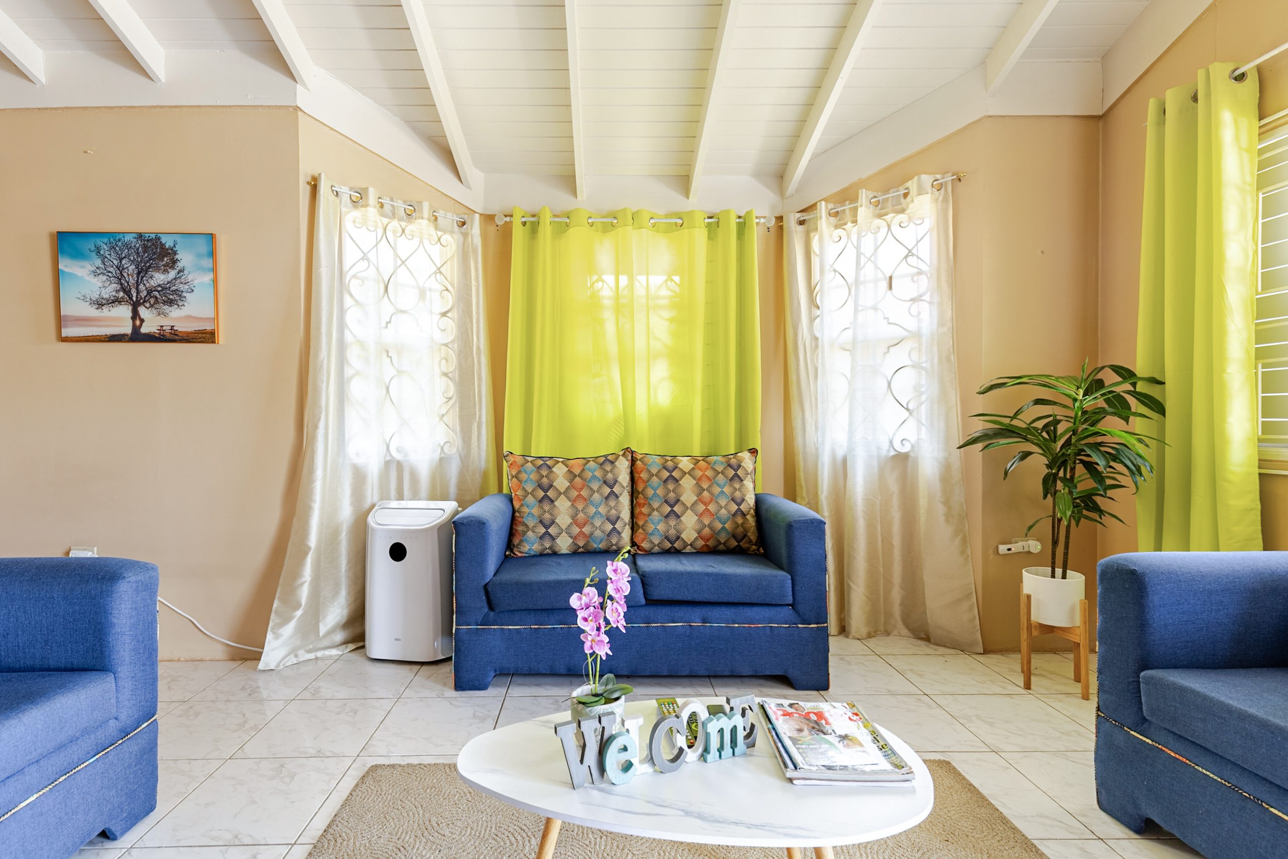 Blue lounge seating in the bright living room