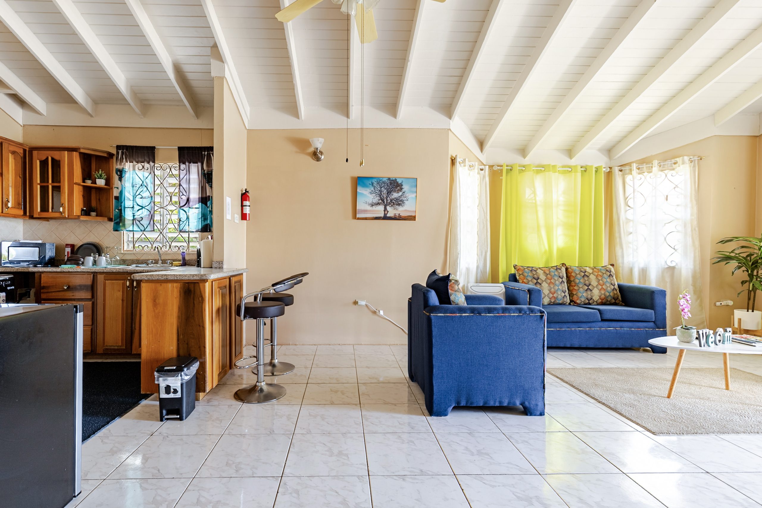 The open-plan kitchen and living area with a high white ceiling